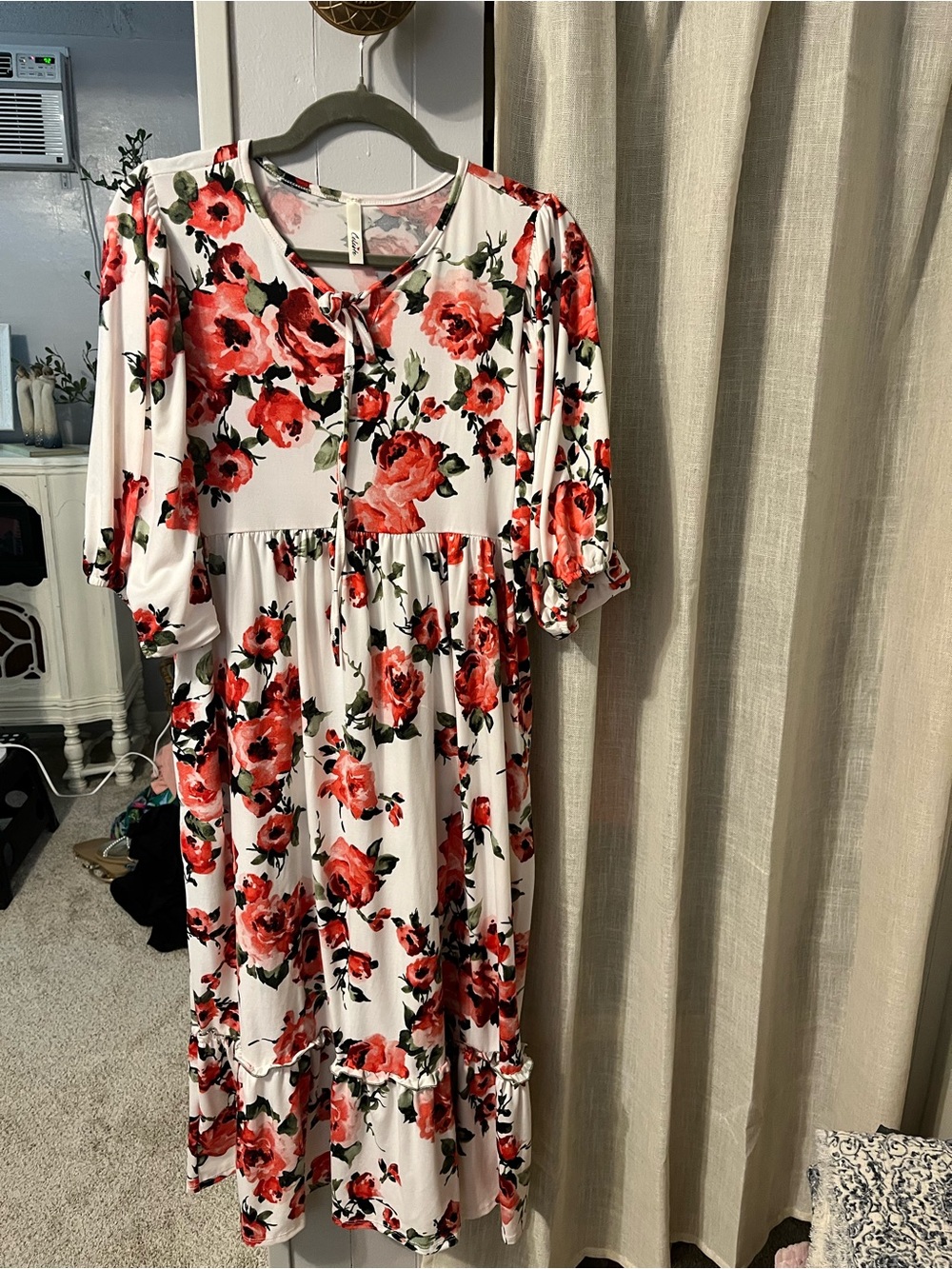 White Floral Midi Dress with Red Roses